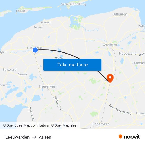 Leeuwarden to Assen map