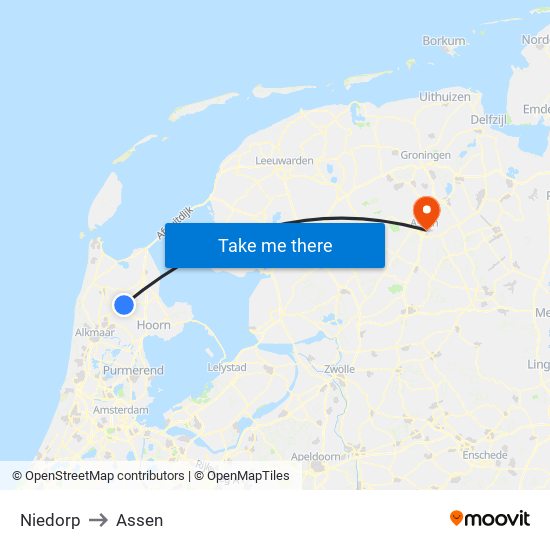 Niedorp to Assen map