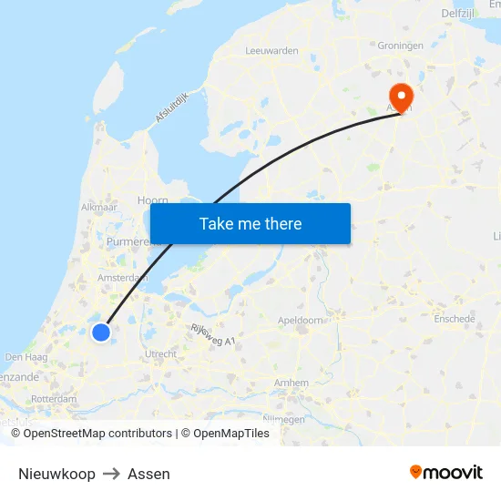 Nieuwkoop to Assen map