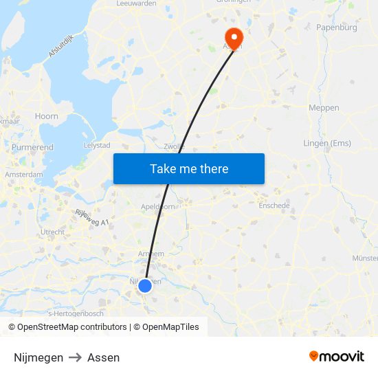 Nijmegen to Assen map