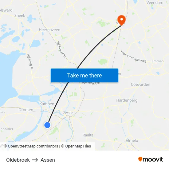 Oldebroek to Assen map