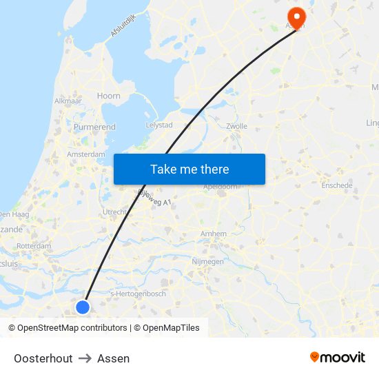 Oosterhout to Assen map