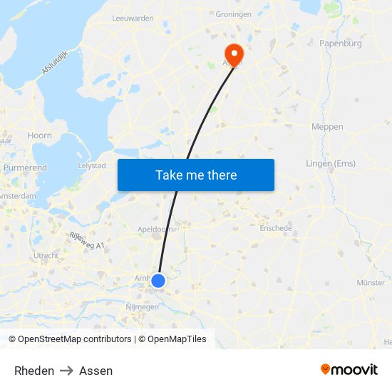 Rheden to Assen map