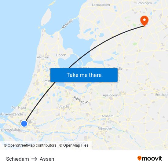 Schiedam to Assen map