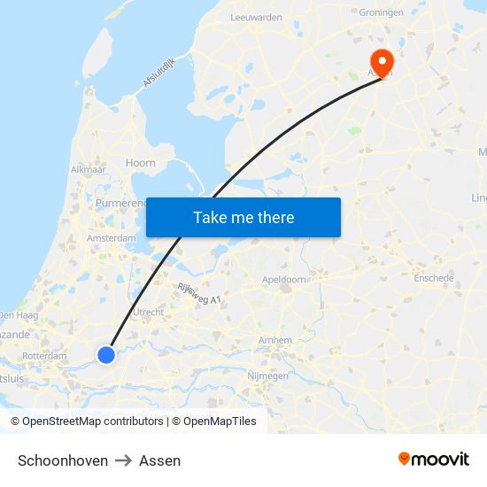 Schoonhoven to Assen map