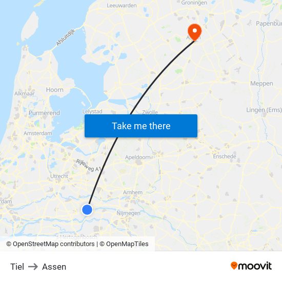 Tiel to Assen map