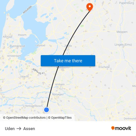 Uden to Assen map