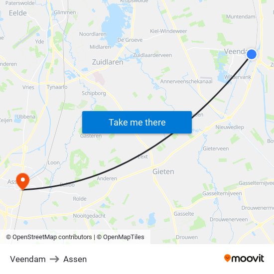 Veendam to Assen map