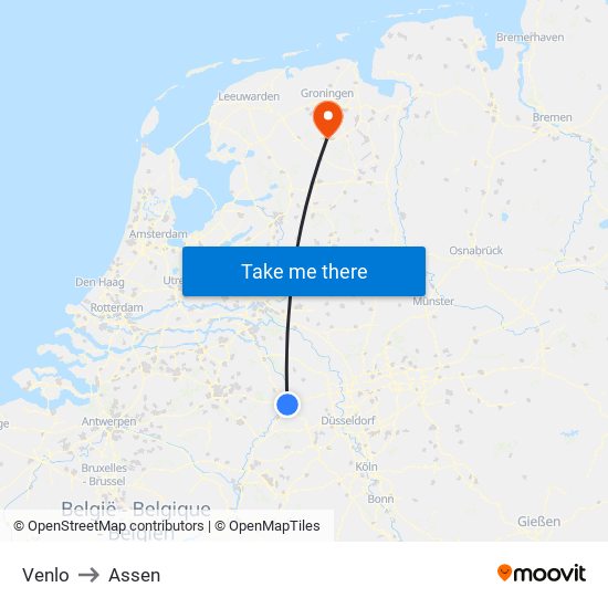 Venlo to Assen map