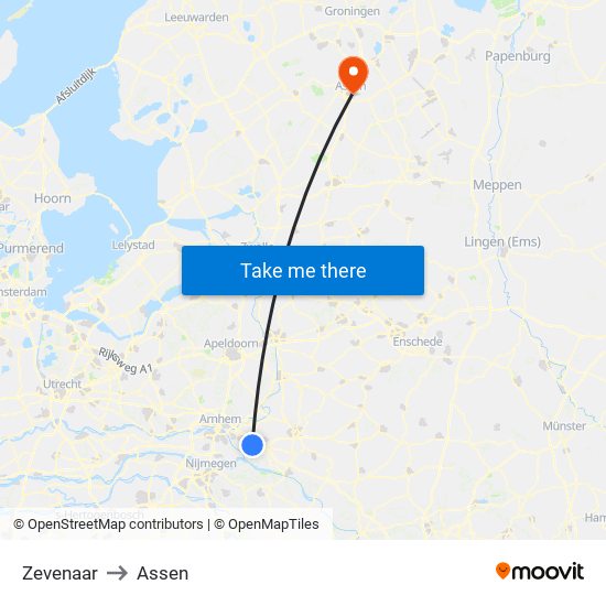 Zevenaar to Assen map