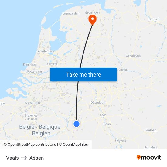 Vaals to Assen map