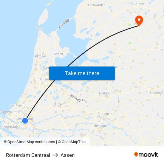 Rotterdam Centraal to Assen map