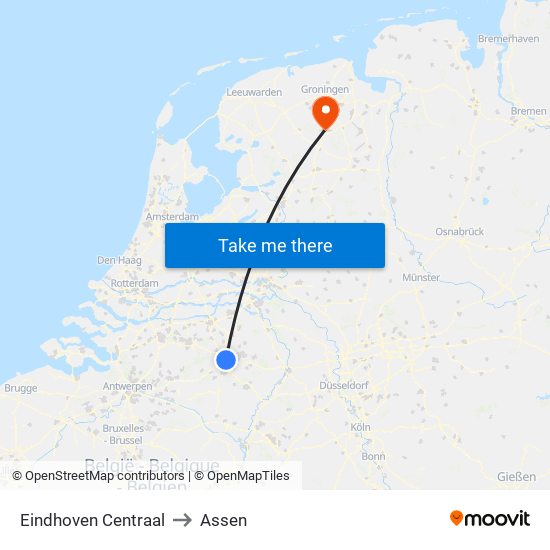 Eindhoven Centraal to Assen map