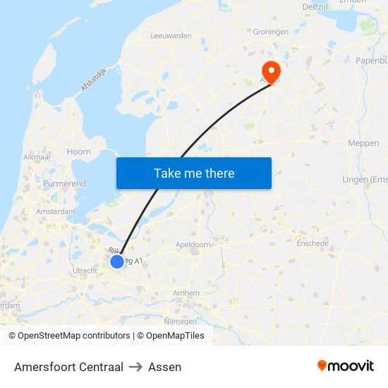 Amersfoort Centraal to Assen map