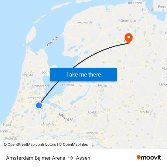 Amsterdam Bijlmer Arena to Assen map