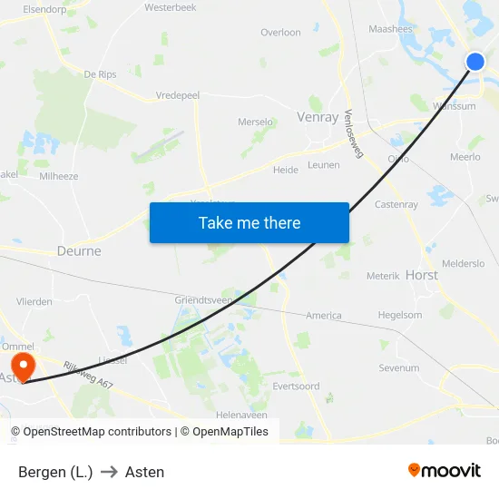 Bergen (L.) to Asten map