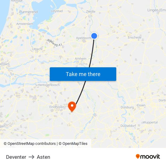 Deventer to Asten map