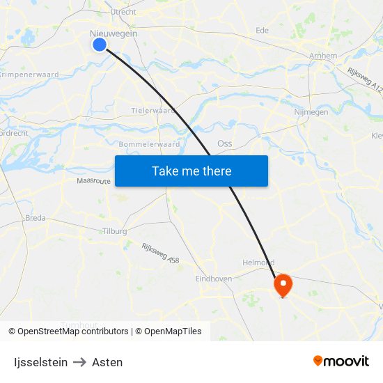 Ijsselstein to Asten map