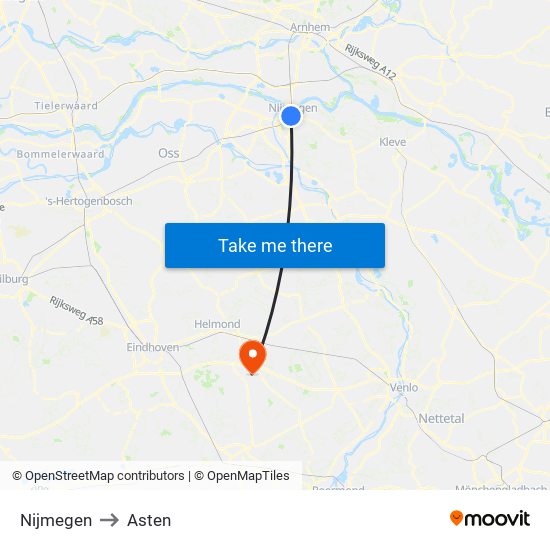 Nijmegen to Asten map