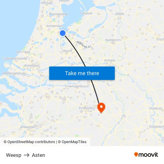 Weesp to Asten map