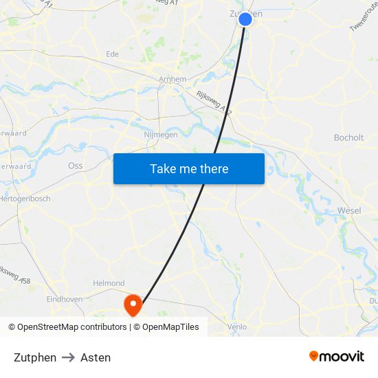 Zutphen to Asten map