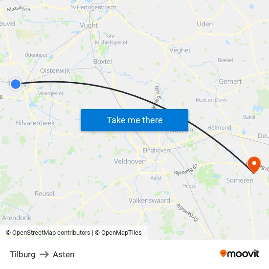 Tilburg to Asten map