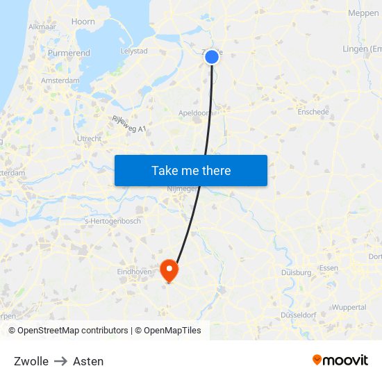 Zwolle to Asten map