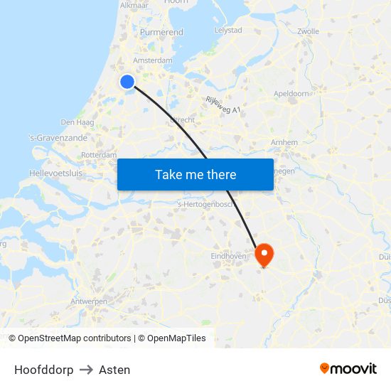 Hoofddorp to Asten map