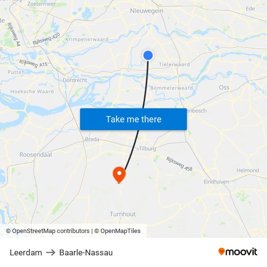 Leerdam to Baarle-Nassau map