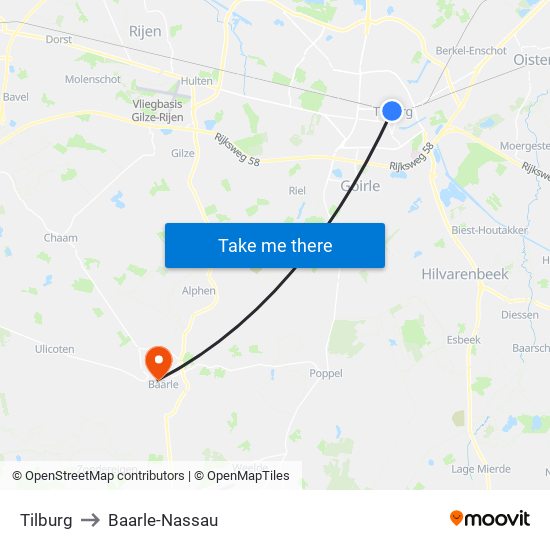 Tilburg to Baarle-Nassau map