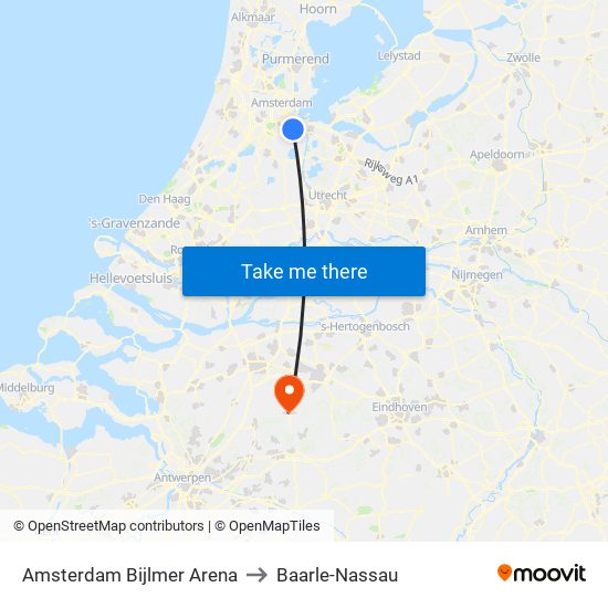 Amsterdam Bijlmer Arena to Baarle-Nassau map