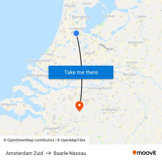 Amsterdam Zuid to Baarle-Nassau map