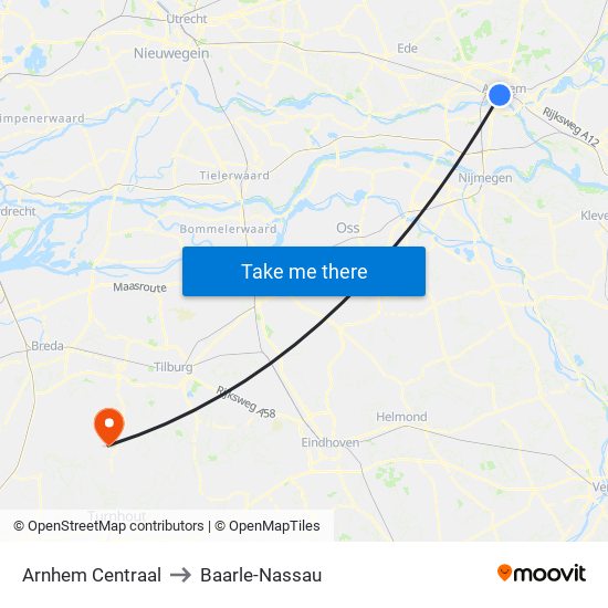 Arnhem Centraal to Baarle-Nassau map