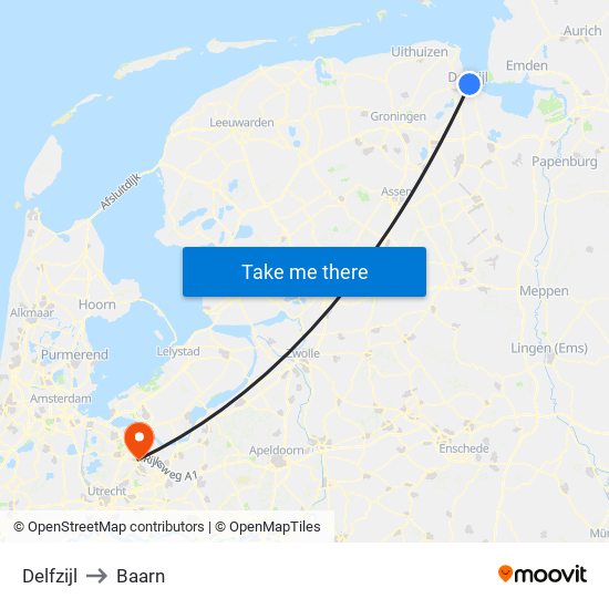 Delfzijl to Baarn map