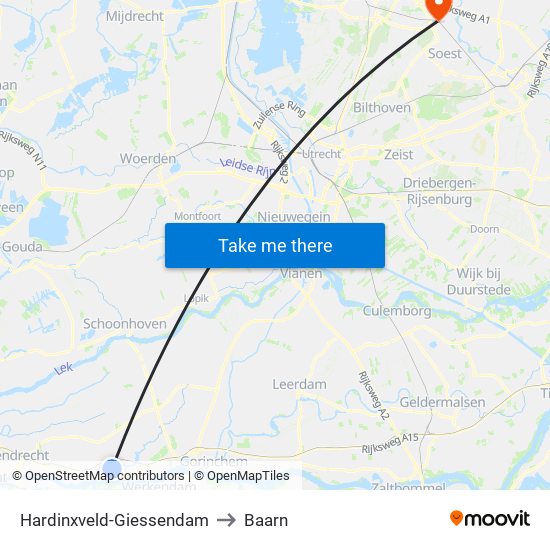 Hardinxveld-Giessendam to Baarn map