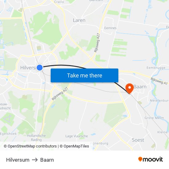 Hilversum to Baarn map