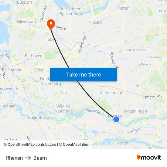 Rhenen to Baarn map