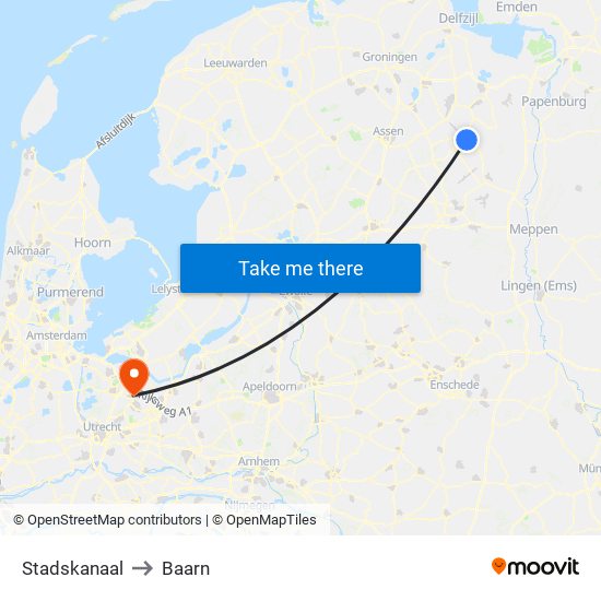 Stadskanaal to Baarn map