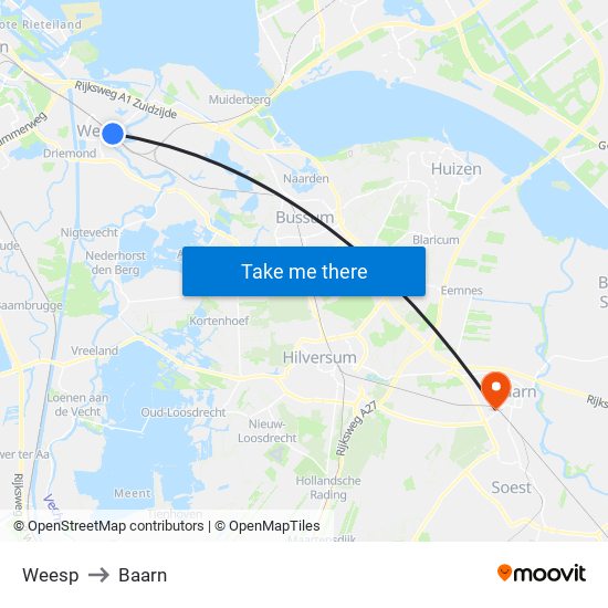 Weesp to Baarn map