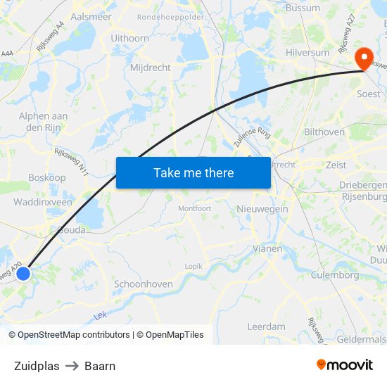 Zuidplas to Baarn map