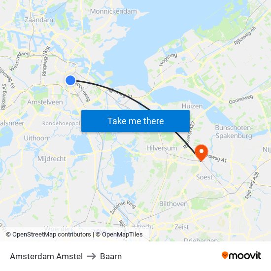 Amsterdam Amstel to Baarn map