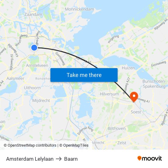 Amsterdam Lelylaan to Baarn map