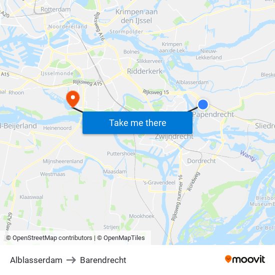 Alblasserdam to Barendrecht map