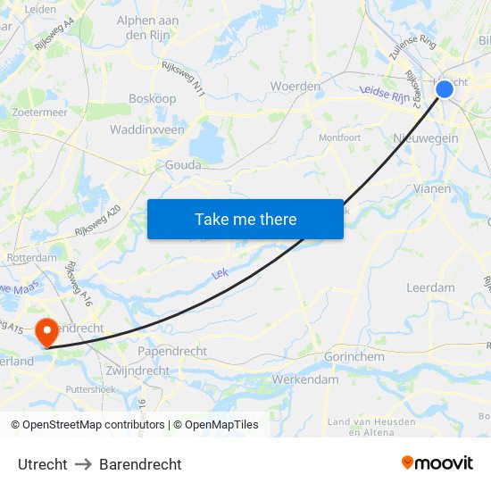 Utrecht to Barendrecht map