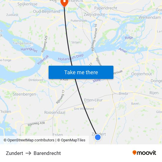 Zundert to Barendrecht map