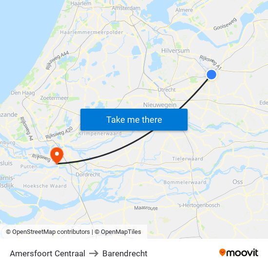 Amersfoort Centraal to Barendrecht map