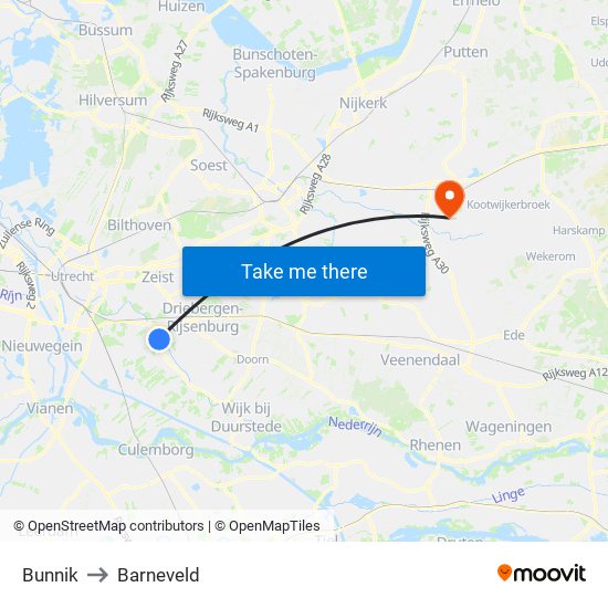 Bunnik to Barneveld map