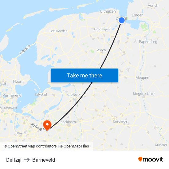 Delfzijl to Barneveld map