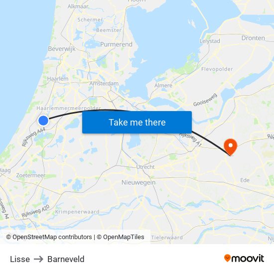 Lisse to Barneveld map