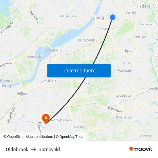 Oldebroek to Barneveld map